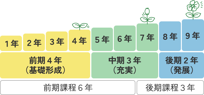 前期課程6年(前期4年(基礎形成)1年 2年 3年 4年、中期3年(充実)5年 6年)、後期課程3年(中期3年(充実)7年、後期2年(発展)8年、9年)